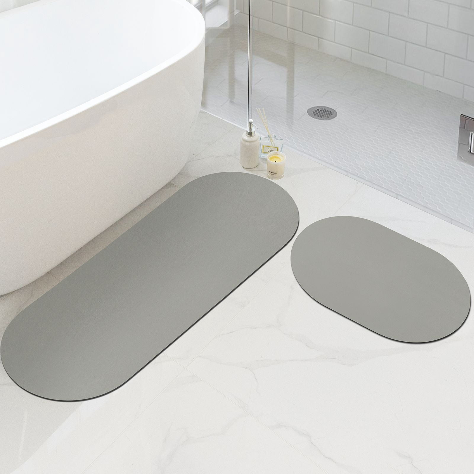 Phantoscope 2-Piece Diatomite Stone Bath Mat Set, Quick-Dry Non-Slip Bathroom Rugs, Light Gray, 17 x 24 in and 17 x 47 in