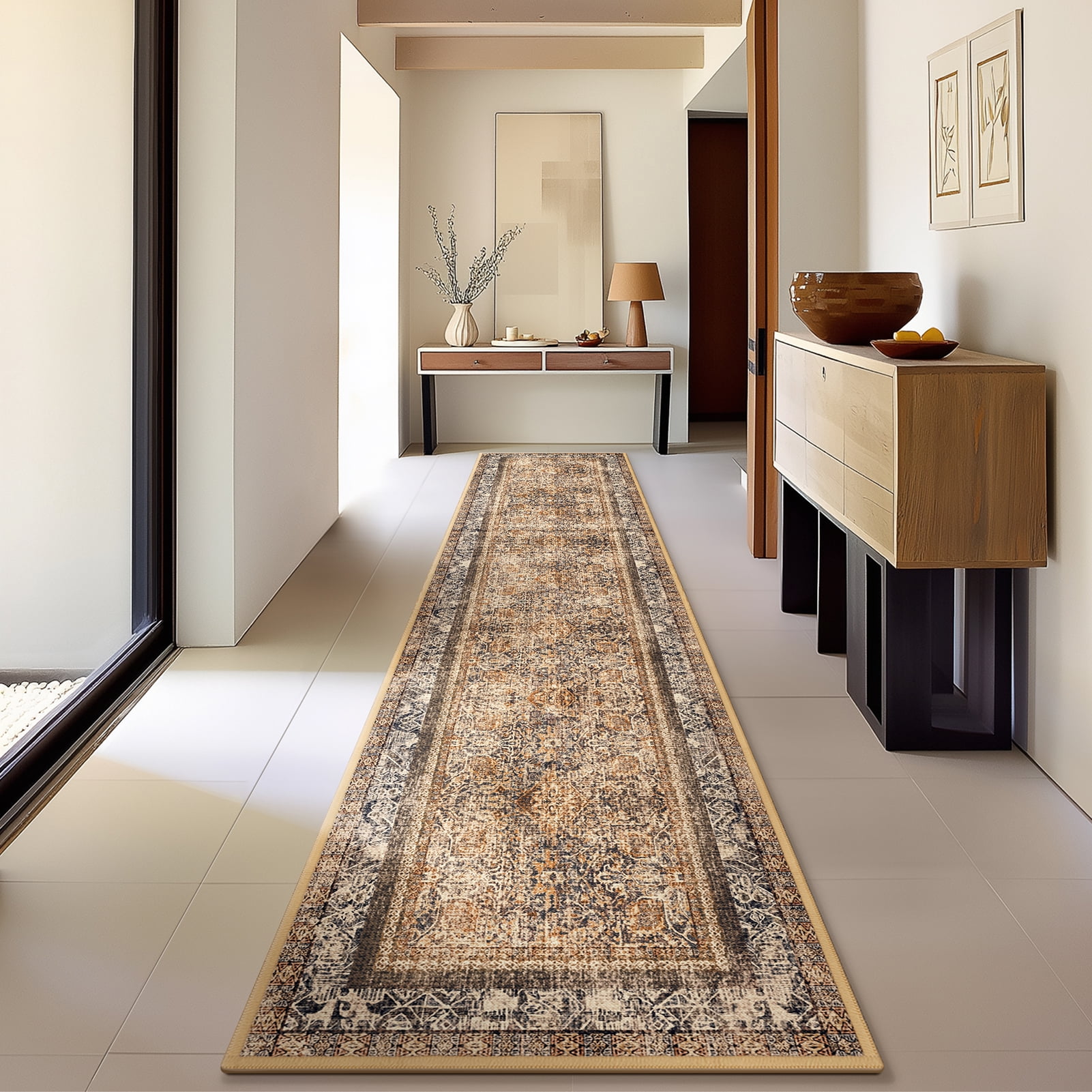 Phantoscope 2'x10' Washable Runner Rug Indoor Vintage Floral Distressed Carpet Non-Slip Low Profile Hallway Runner Rug for Entryway Kitchen, Dark Coffee