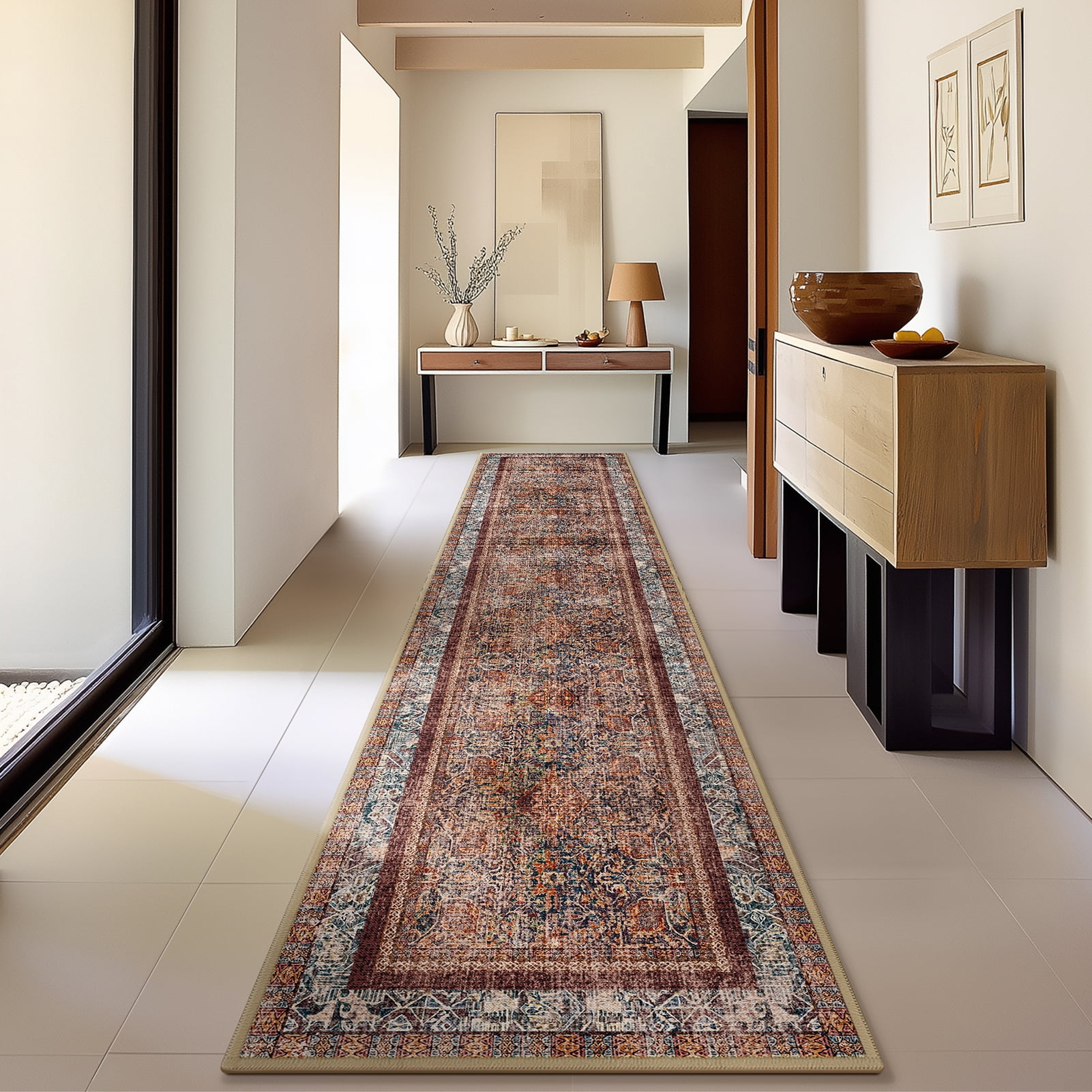 Phantoscope 2'x10' Washable Runner Rug Indoor Vintage Oriental Distressed Carpet Non-Slip Low Profile Hallway Runner for Entryway Kitchen Bedroom, Dark Red