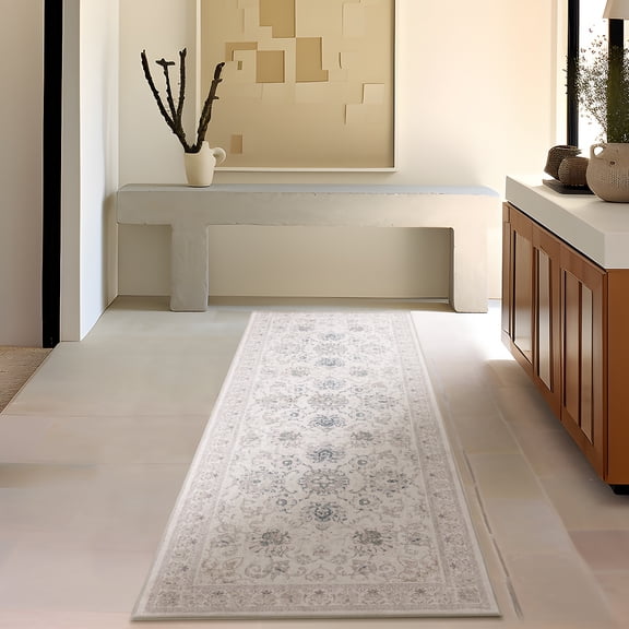 Phantoscope 2'x6' Washable Indoor Runner Rug Classic Printed Carpet Non-Slip Thin Low-Pile Rug for Hallway Entryway Kitchen Bedroom, Beige