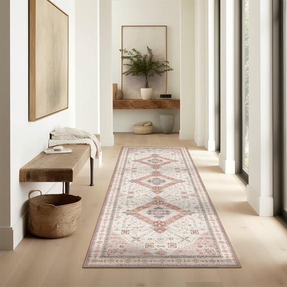 Phantoscope 2'x6' Washable Indoor Runner Rug Classic Printed Carpet Non-Slip Thin Low-Pile Rug for Hallway Entryway Kitchen Bedroom, Red