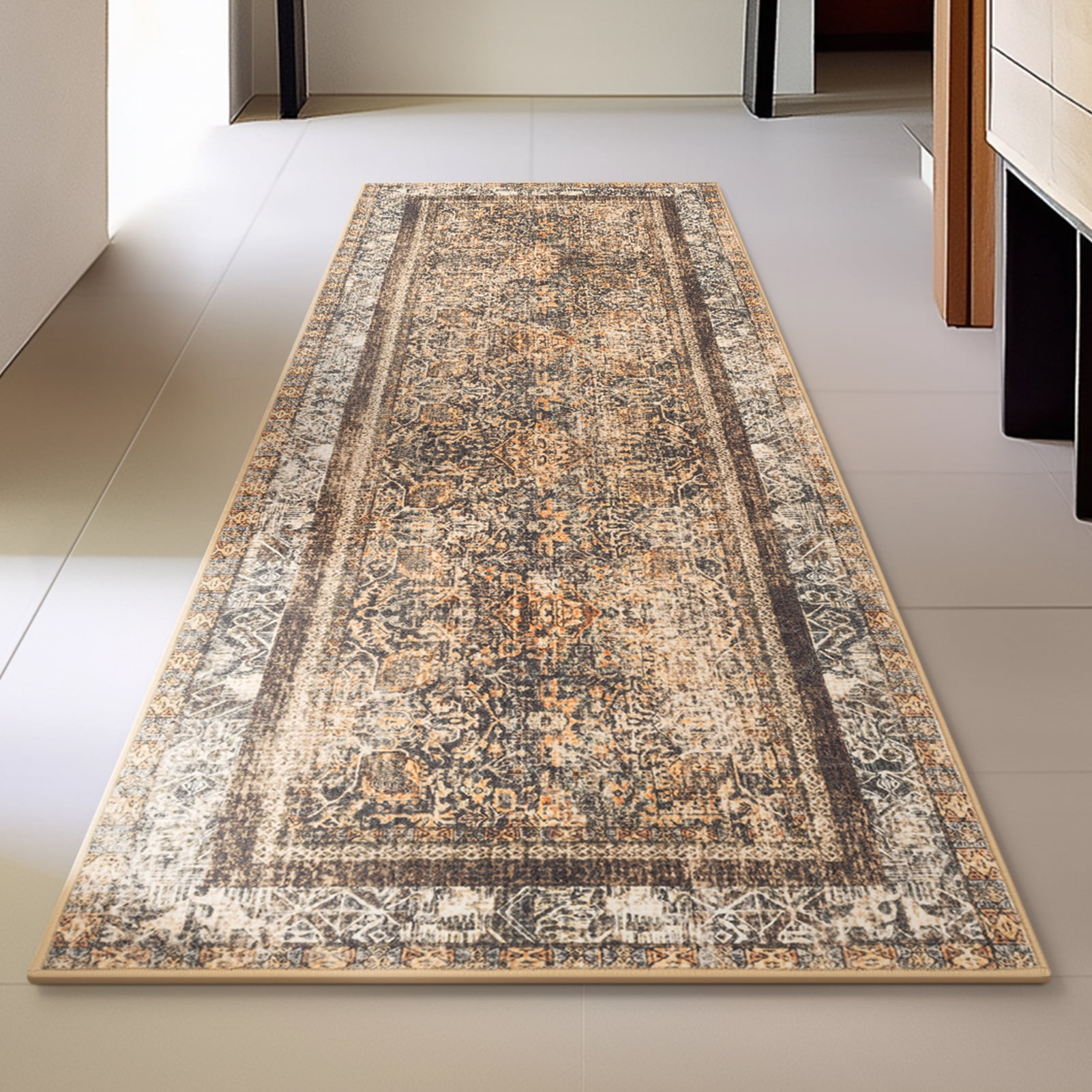 Phantoscope 2'x6' Washable Runner Rug Indoor Vintage Distressed Floral Carpet Non-Slip Low Profile Floor Mat for Hallway Kitchen Bedroom Entryway, Dark Coffee