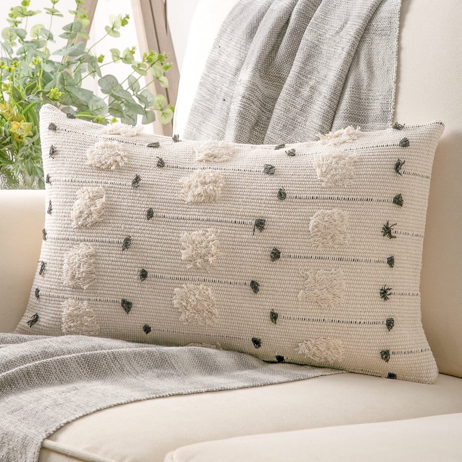 Phantoscope Boho Woven Tufted Series Decorative Throw Pillow, 12" x 20", White/Black, 1 Pack