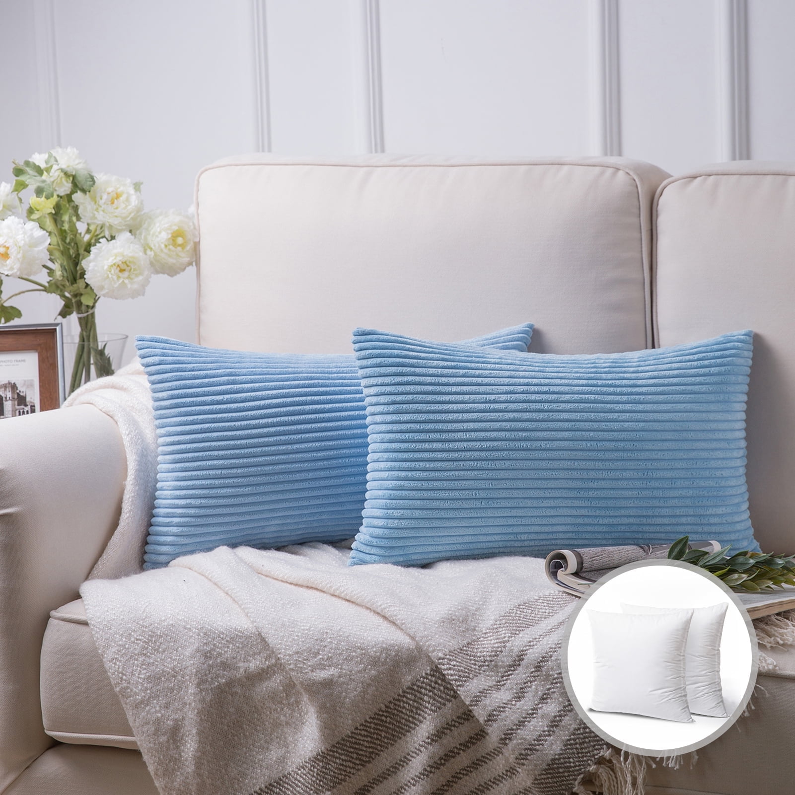 Phantoscope 20" x 12" Modern, Contemporary, Transitional Light Blue Striped Polyester Throw Pillow , ( 2 Count)
