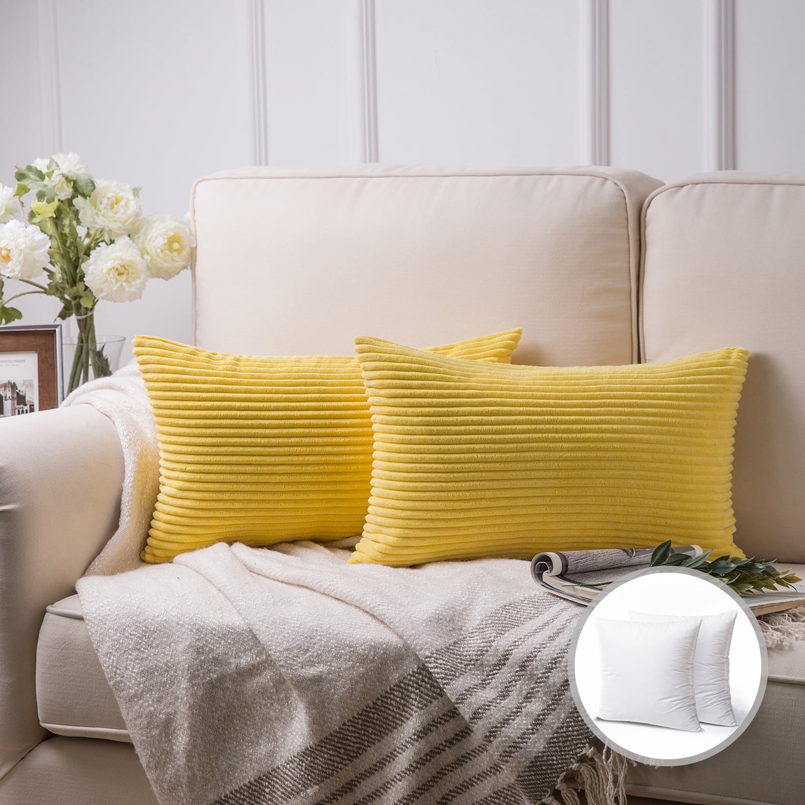 Phantoscope 20" x 12" Modern, Contemporary, Transitional Yellow Striped Polyester Throw Pillow , ( 2 Count)