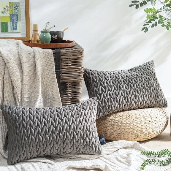 Phantoscope Quilted Velvet Lumbar Throw Pillow Covers Set of 2, Braid Textured Decorative Cushion Cases, 12x20 Inch, Dark Gray