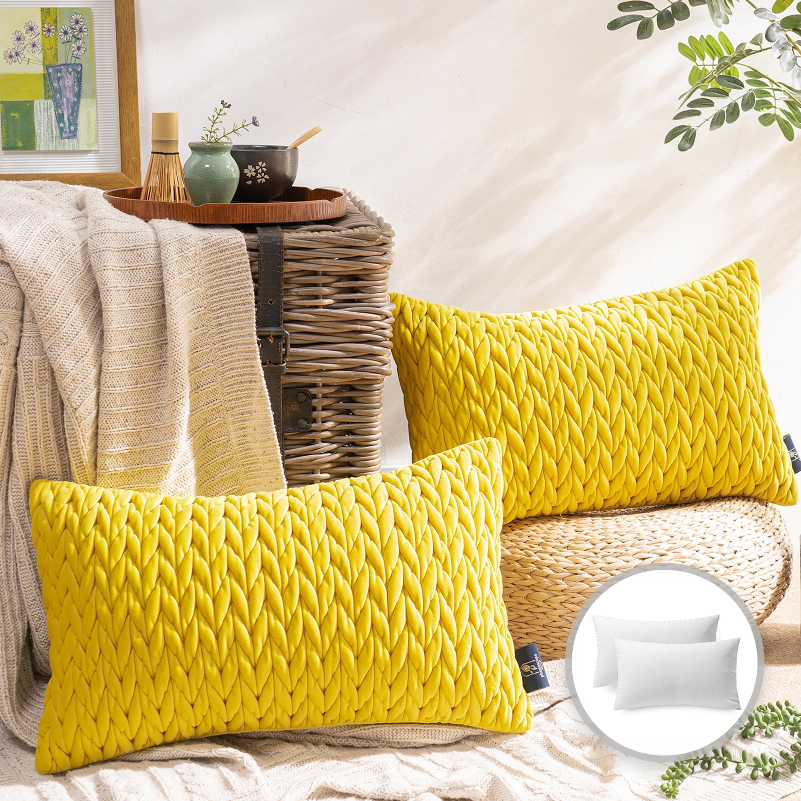 Phantoscope 20" x 12" Modern Yellow Chevron Velvet, Polyester Throw Pillow , ( 2 Count)