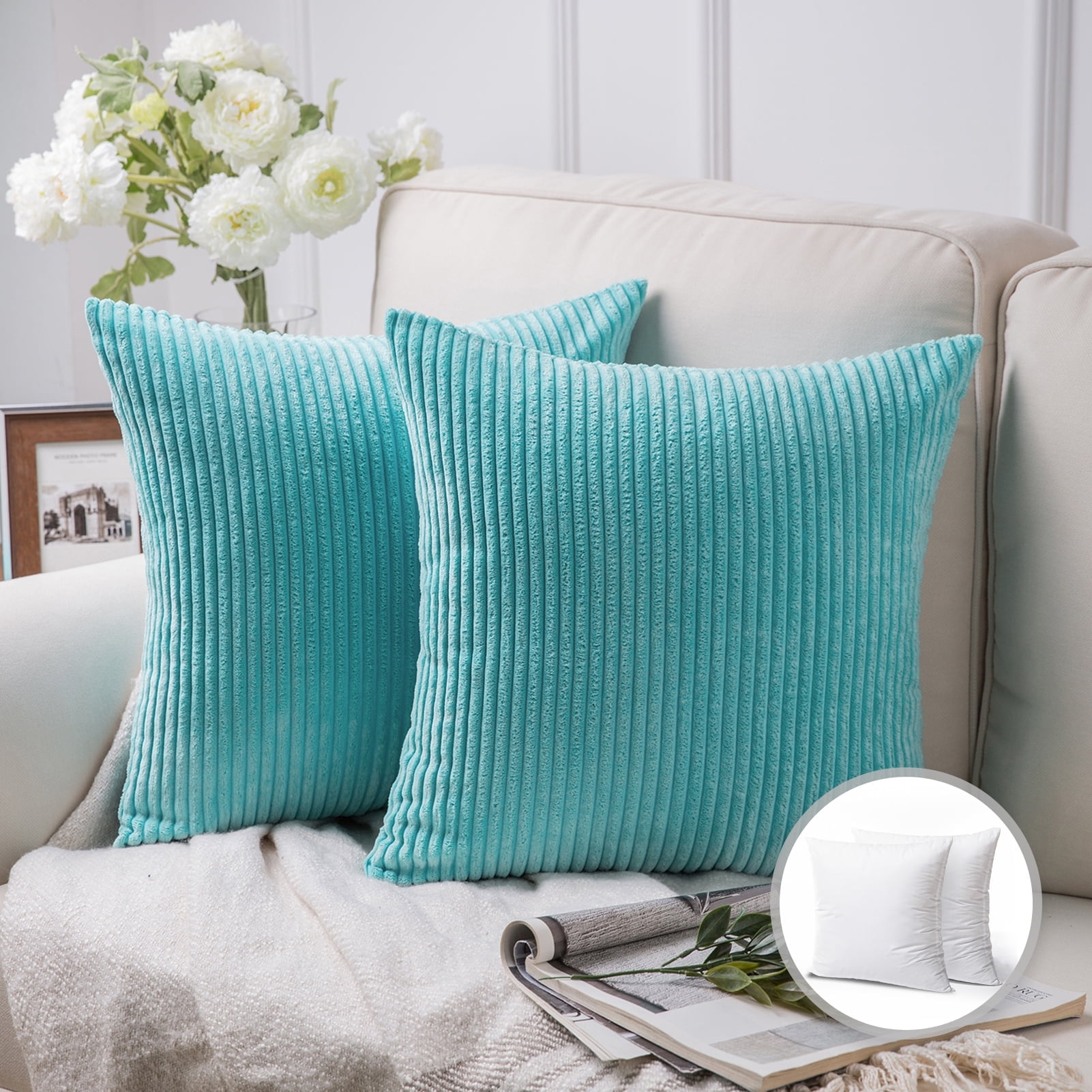 Phantoscope 20" x 20" Modern, Contemporary, Transitional Aqua Blue Striped Polyester Throw Pillow , ( 2 Count)