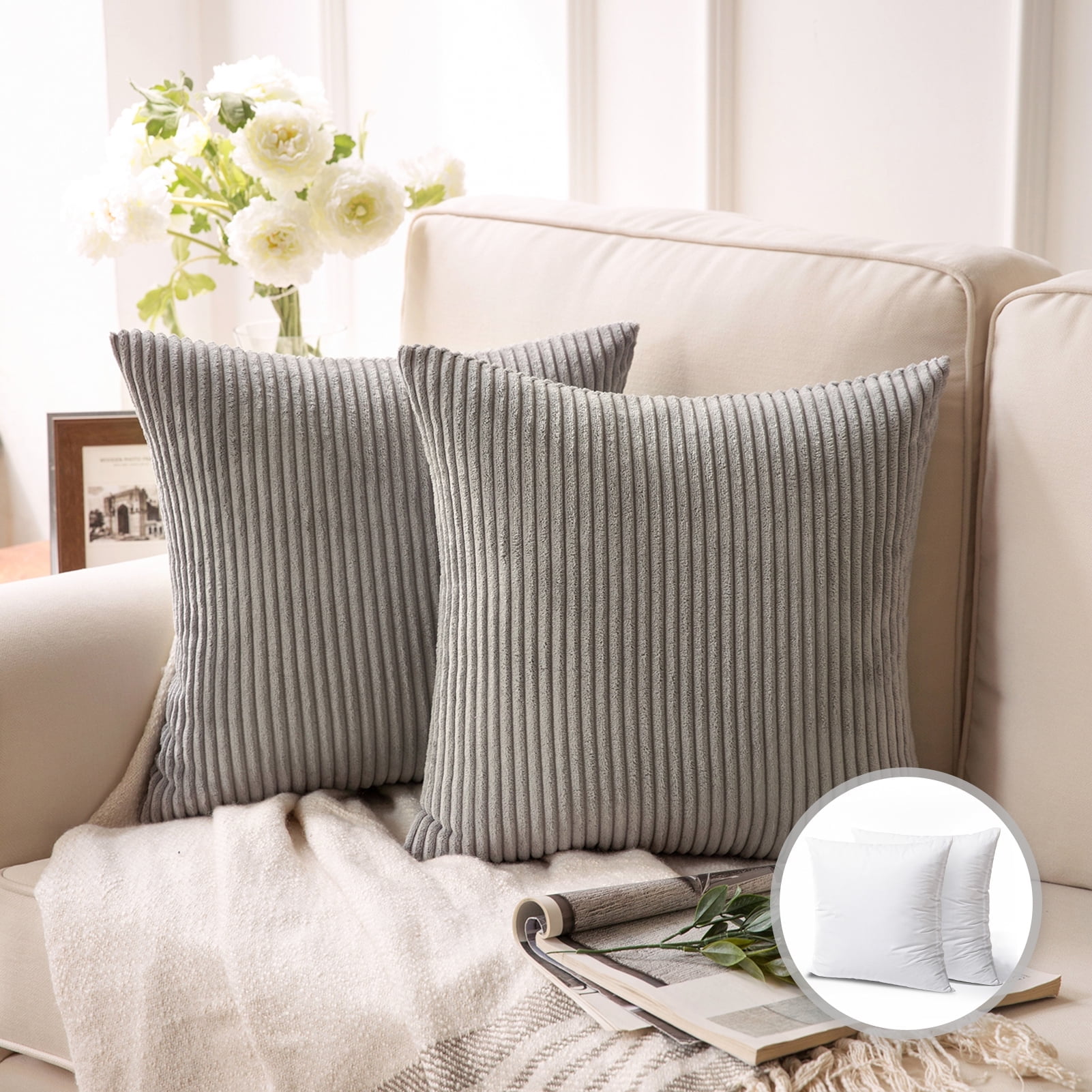 Phantoscope 20" x 20" Modern, Contemporary, Transitional Gray Striped Polyester Throw Pillow , ( 2 Count)