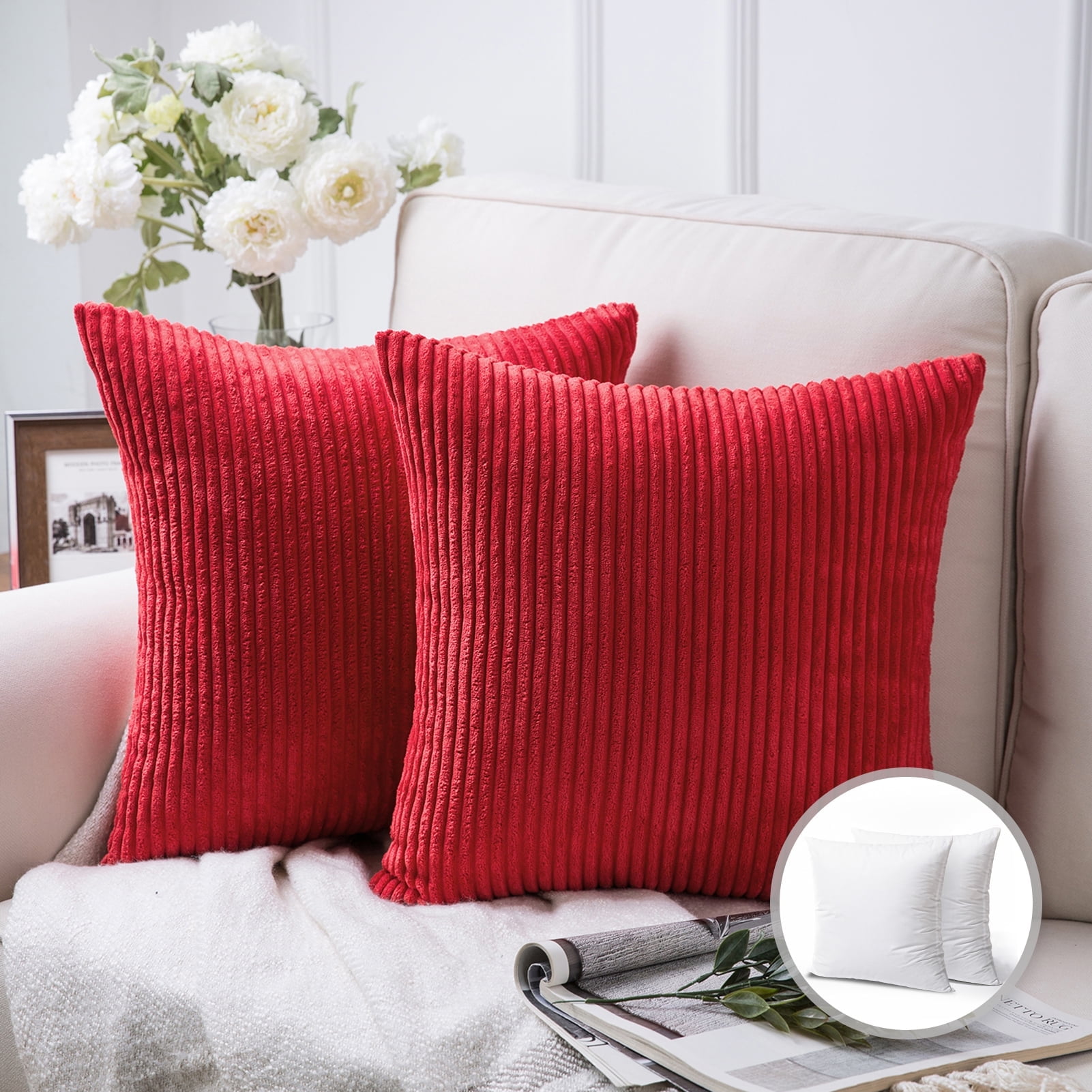 Soft Corduroy Striped Velvet Series Decorative Throw Pillow, 20" x 20", Red, 2 Pack