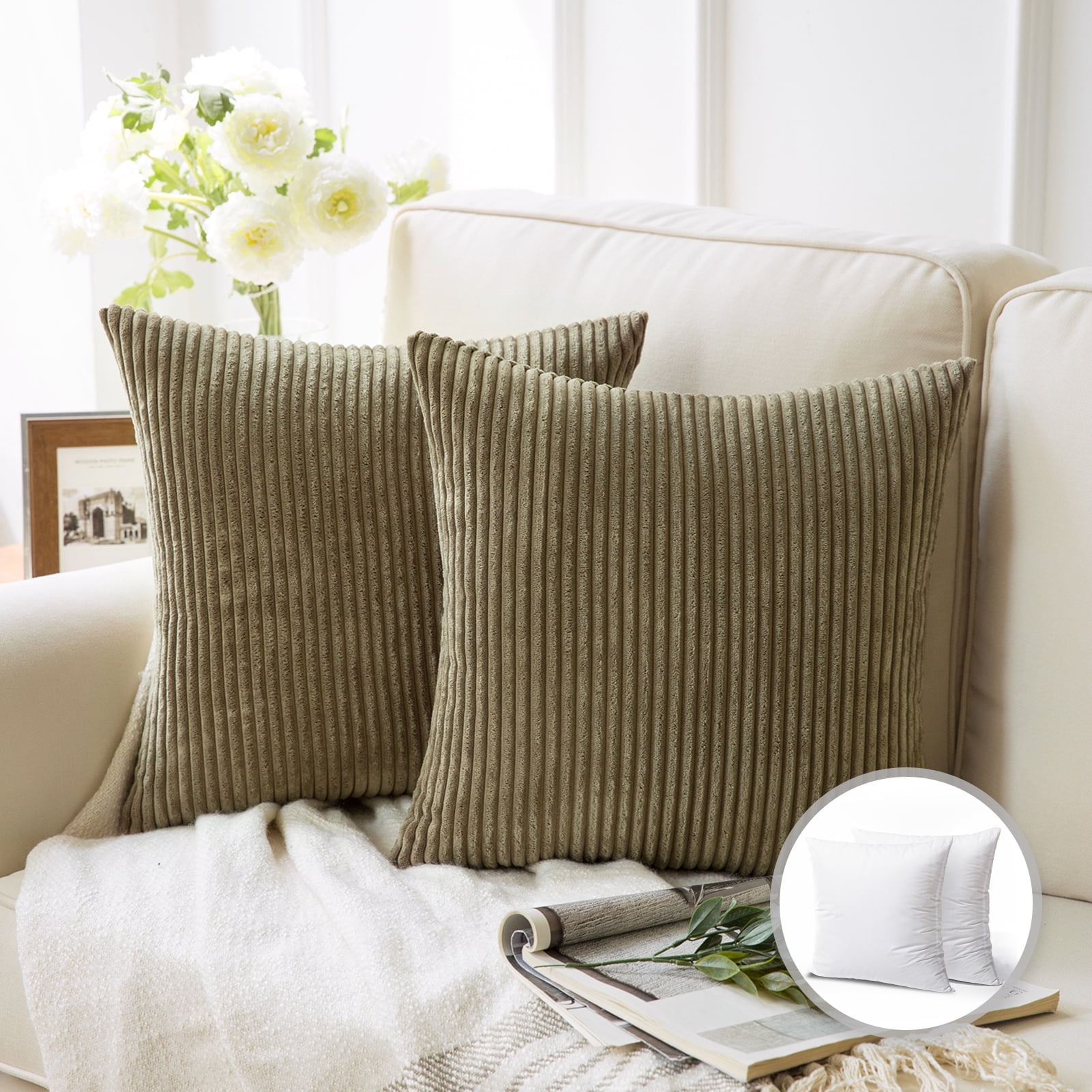 Phantoscope 22" x 22" Modern, Contemporary, Transitional Olive Green Striped Polyester Throw Pillow , ( 2 Count)