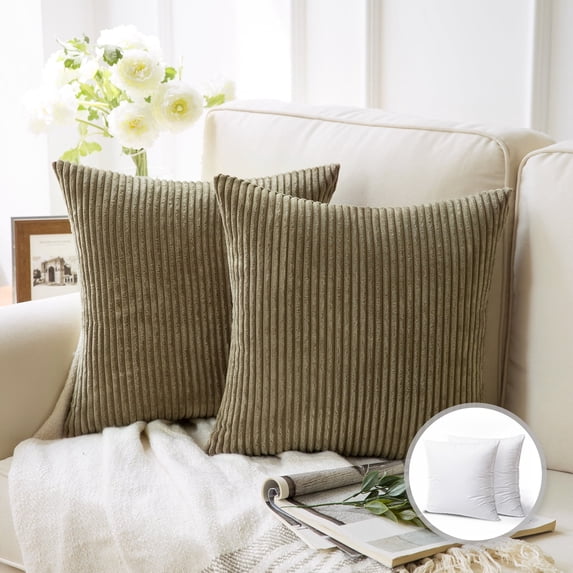 Phantoscope 22" x 22" Modern, Contemporary, Transitional Olive Green Striped Polyester Throw Pillow , ( 2 Count)
