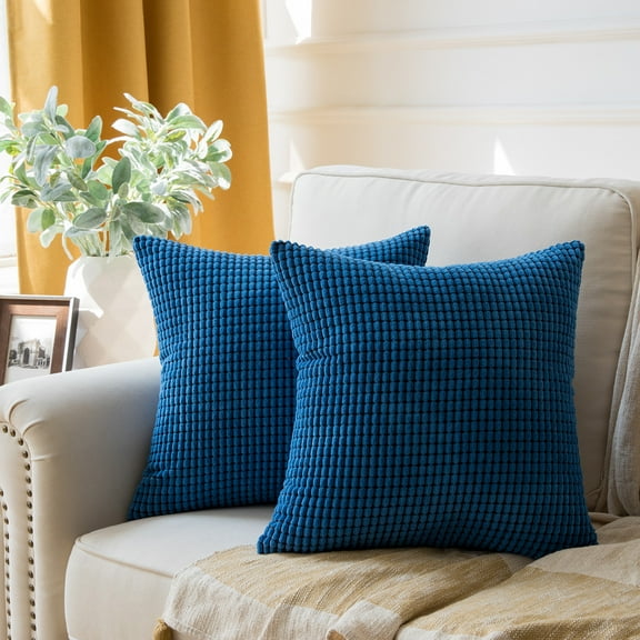 Transitional Striped Polyester Blend Throw Pillow Covers, 22" x 22", Dark Blue, Set of 2