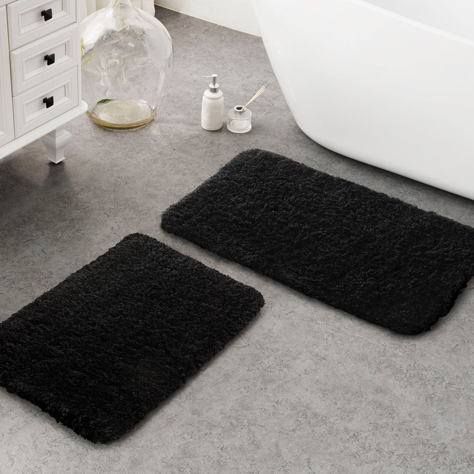 Phantoscope 2pcs Bathroom Rugs Set, Non Slip Quick Drying Ultra Soft Water Absorbent Bath Rug Mat Carpet, 17" x 24" + 17" x 32", Black