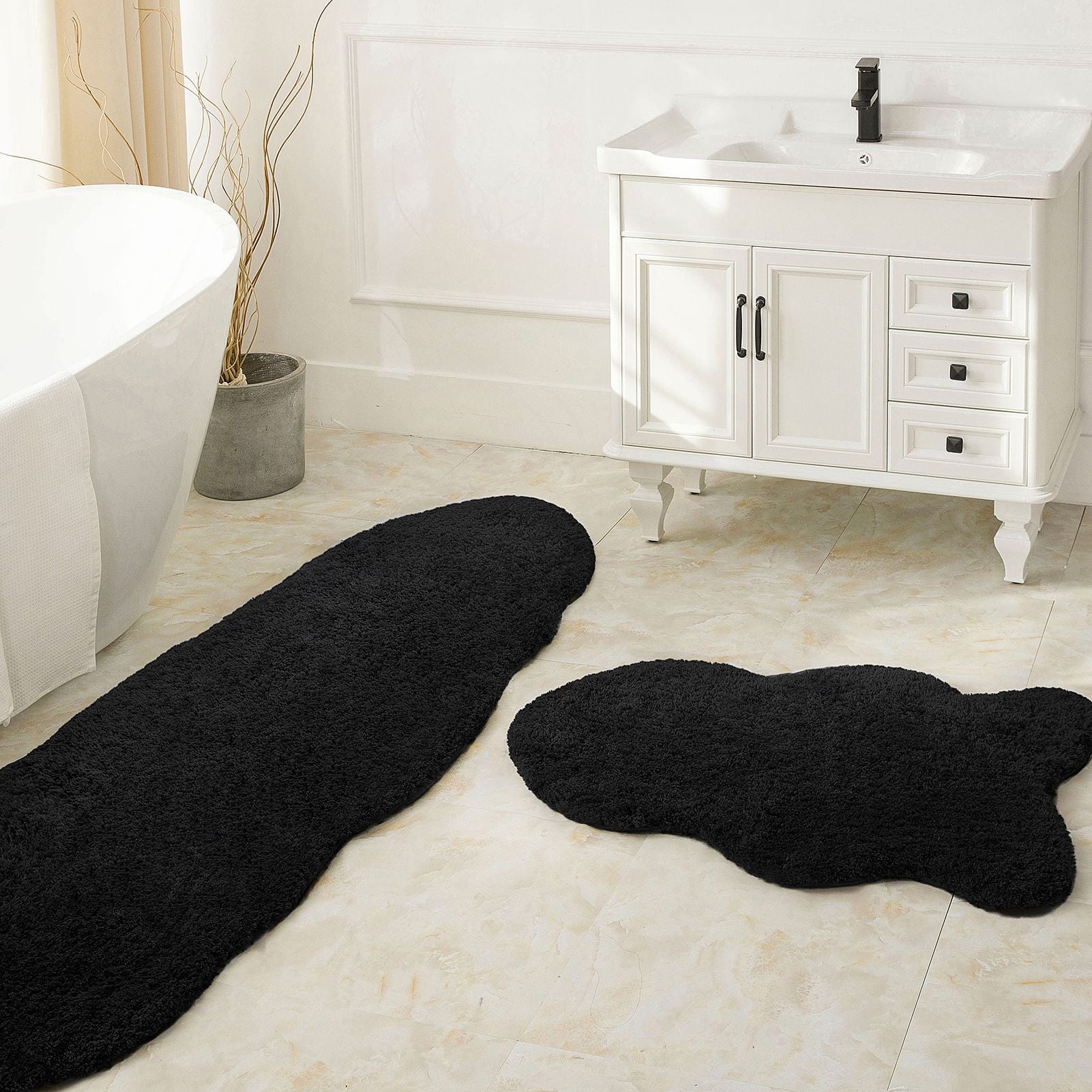 Phantoscope 2pcs Bathroom Rugs Set, Non Slip Quick Drying Ultra Soft Water Absorbent Bath Rug Mat Carpet, 24" x 36" + 24" x 72", Black