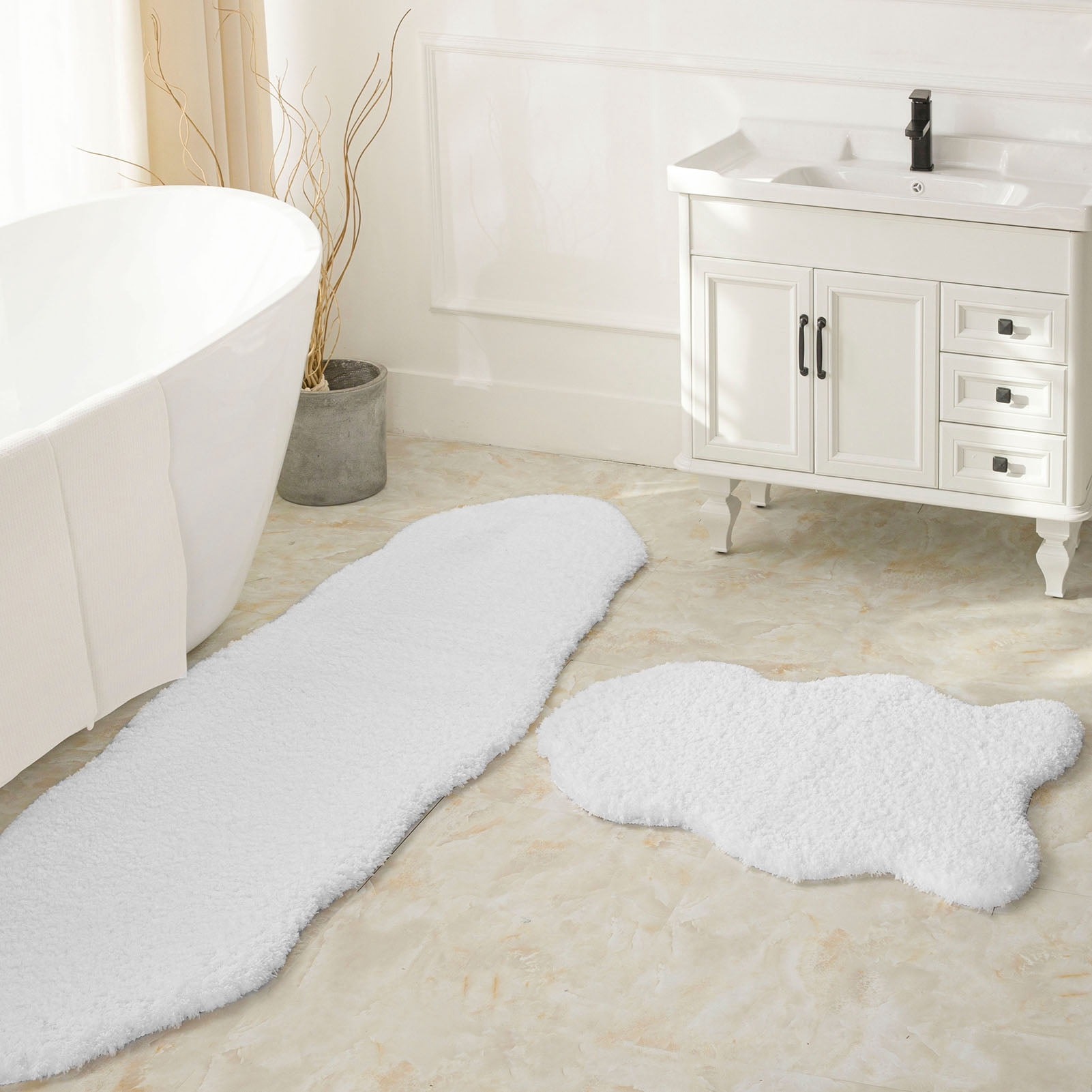 Phantoscope 2pcs Bathroom Rugs Set, Non Slip Quick Drying Ultra Soft Water Absorbent Bath Rug Mat Carpet, 24" x 36" + 24" x 72", Pure White