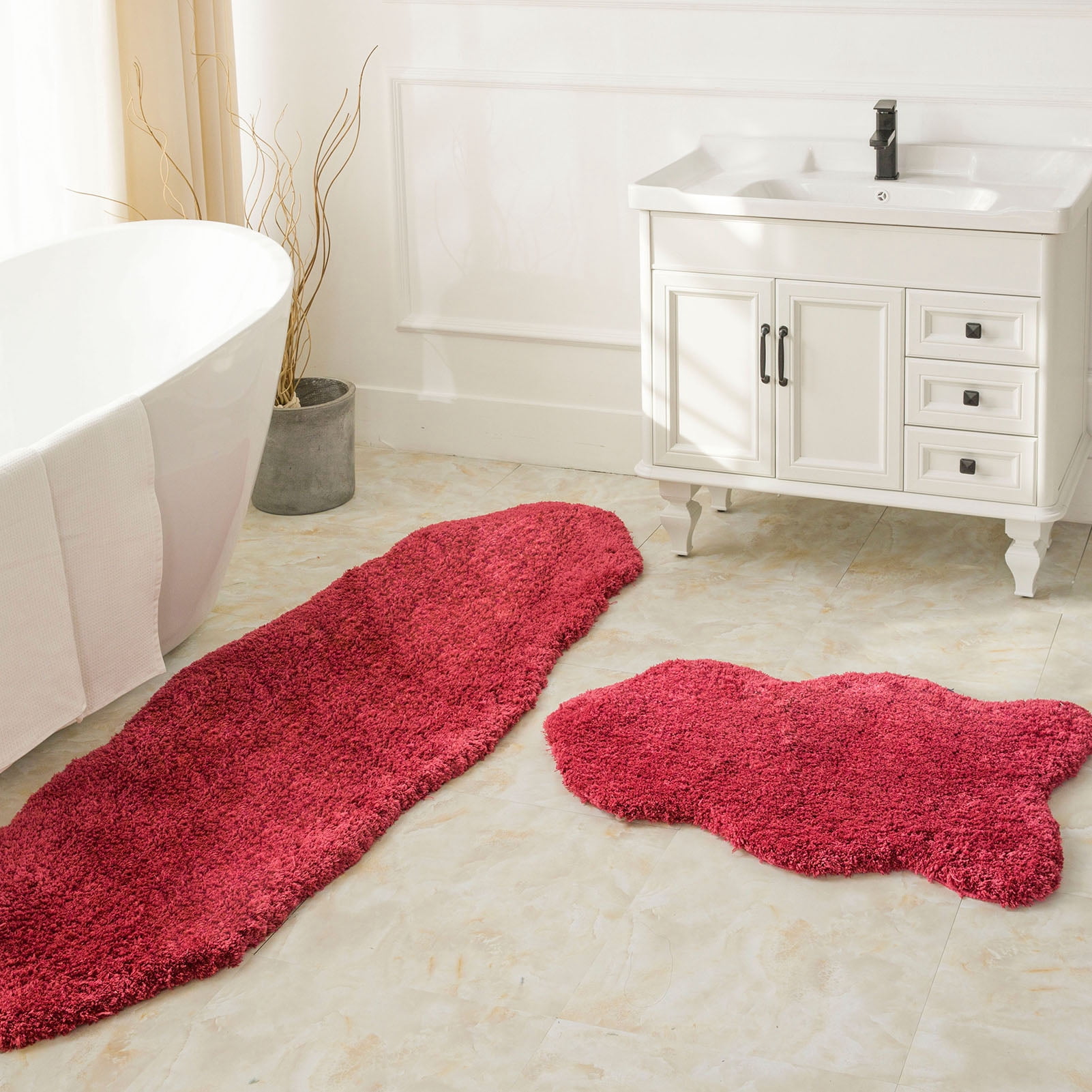 Phantoscope 2pcs Bathroom Rugs Set, Non Slip Quick Drying Ultra Soft Water Absorbent Bath Rug Mat Carpet, 24" x 36" + 24" x 72", Red