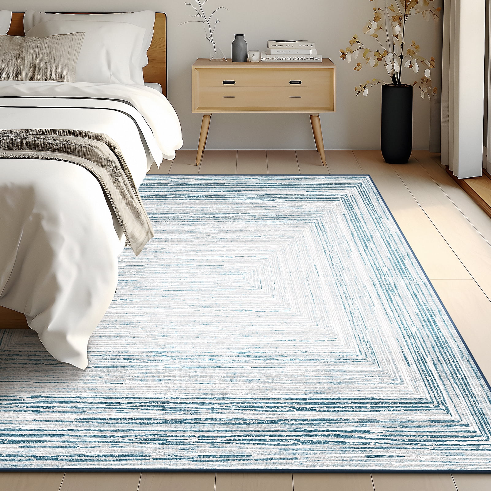 Phantoscope 4'x6' Washable Indoor Area Rug Classic Printed Carpet Non-Slip Thin Low-Pile Rug for Living Room Bedroom Dining Room, Blue