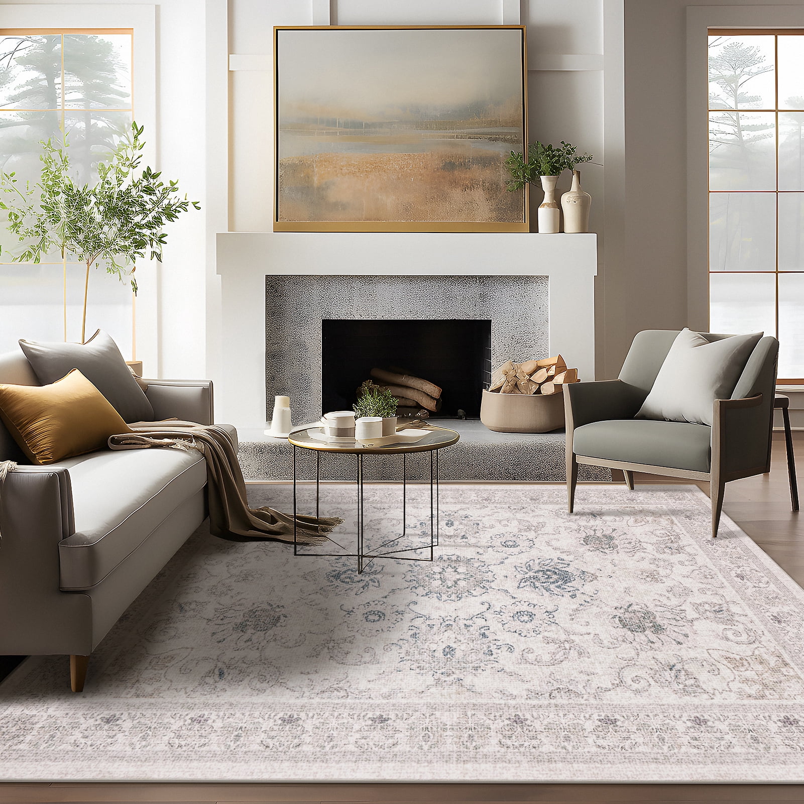 Phantoscope 5'x7' Washable Indoor Area Rug Classic Printed Carpet Non-Slip Thin Low-Pile Rug for Living Room Bedroom Office, Beige