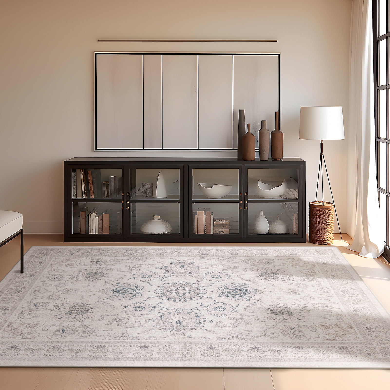 Phantoscope 6'x9' Washable Indoor Area Rug Classic Printed Carpet Non-Slip Thin Low-Pile Rug for Living Room Dining Room Bedroom, Beige