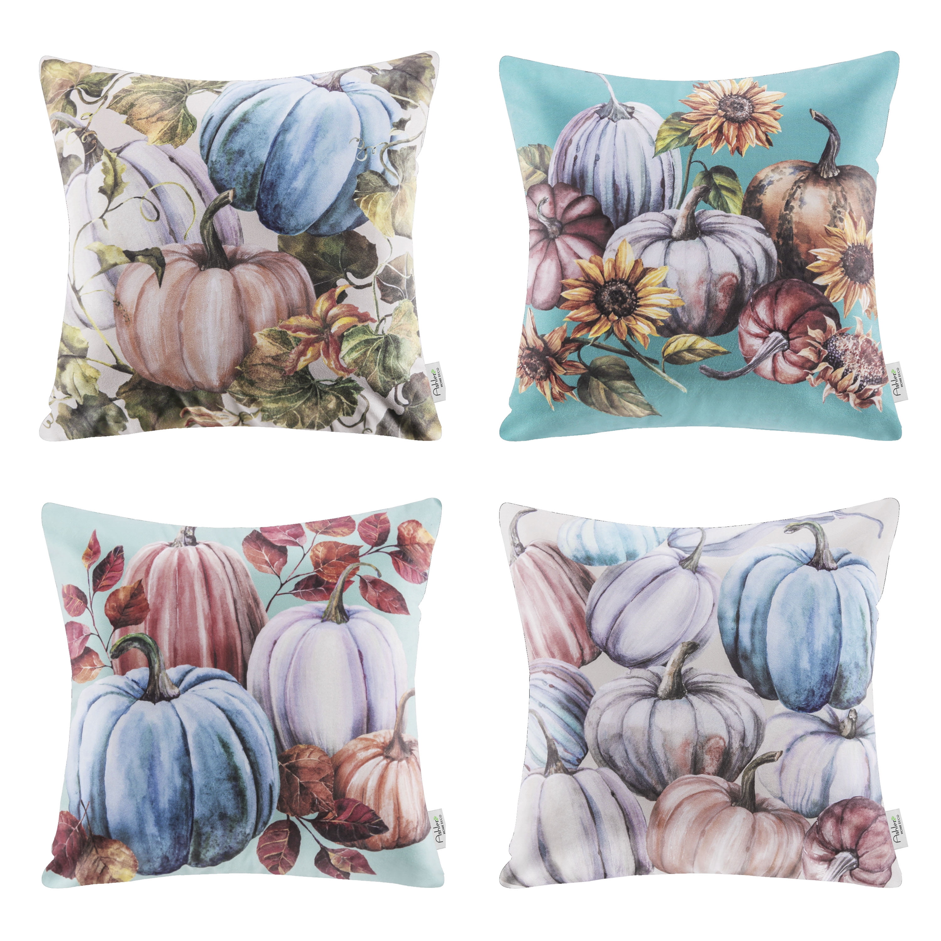 Autumn Series Printed Decorative Throw Pillow Covers for Thanksgiving, Blue Pumpkin, 18" x 18", Set of 4