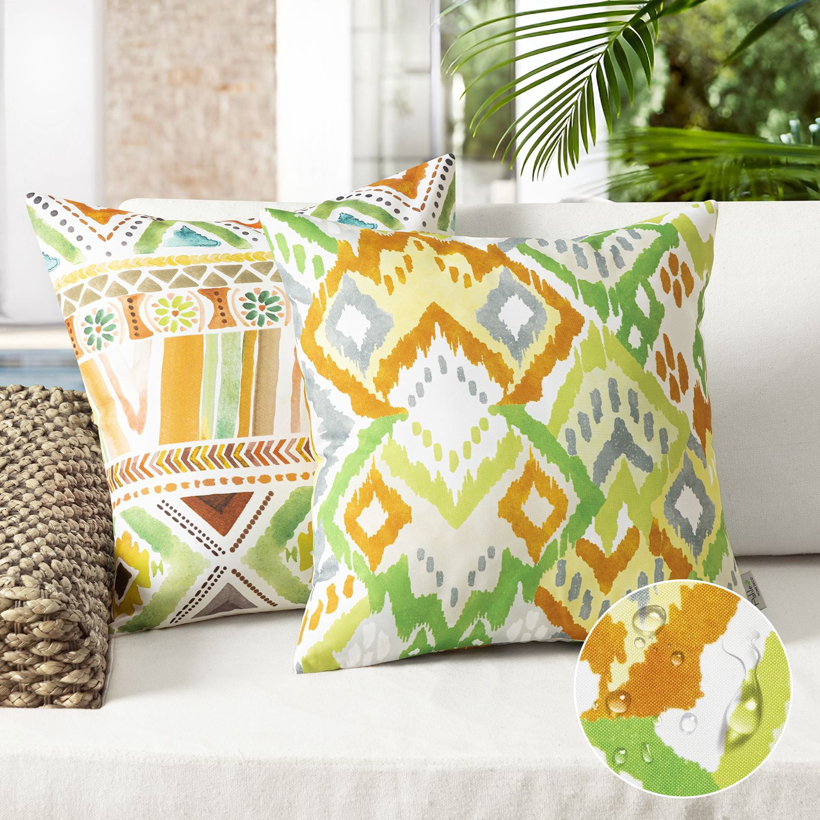 Phantoscope Boho Outdoor Decorative Throw Pillows with Inserts, Waterproof, Orange and Green, 18 x 18 in, 2 Pack
