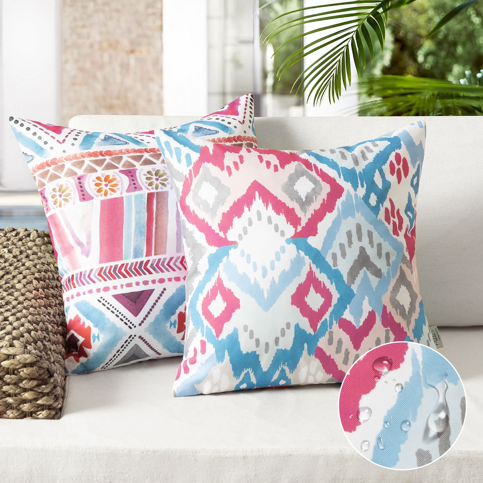Phantoscope Boho Outdoor Decorative Throw Pillows with Inserts, Waterproof, Pink and Blue, 18 x 18 in, 2 Pack