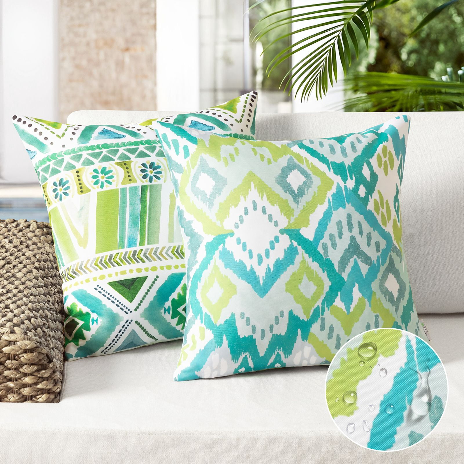 Phantoscope Boho Outdoor Decorative Throw Pillows with Inserts, Waterproof, Turquoise, 20 x 20 in, 2 Pack