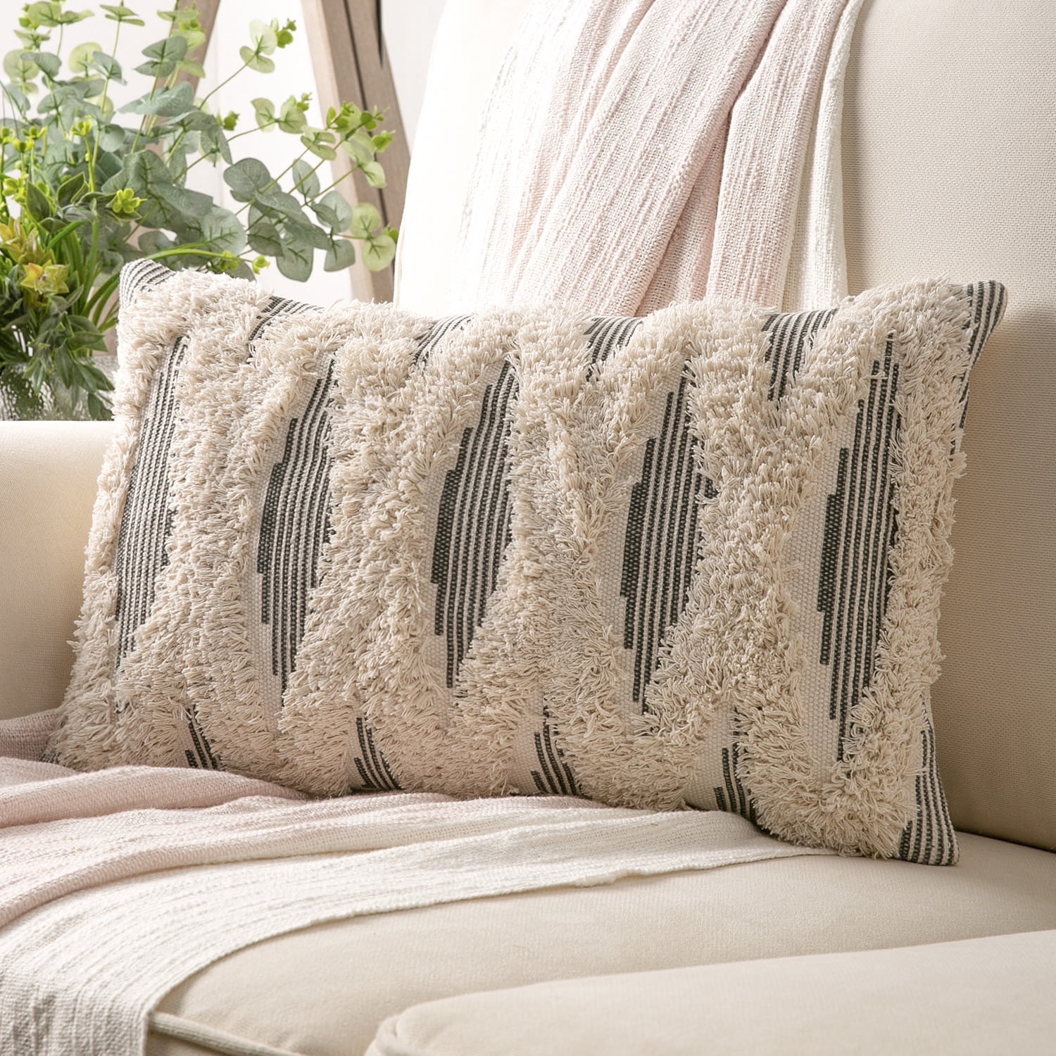 Phantoscope Boho Woven Cross Tufted Series Decorative Throw Pillow Cover, 12" x 20", Gray/Beige, 1 Pack