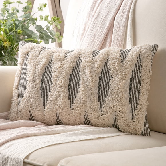 Phantoscope Boho Woven Cross Tufted Series Decorative Throw Pillow Cover, 12" x 20", Gray/Beige, 1 Pack
