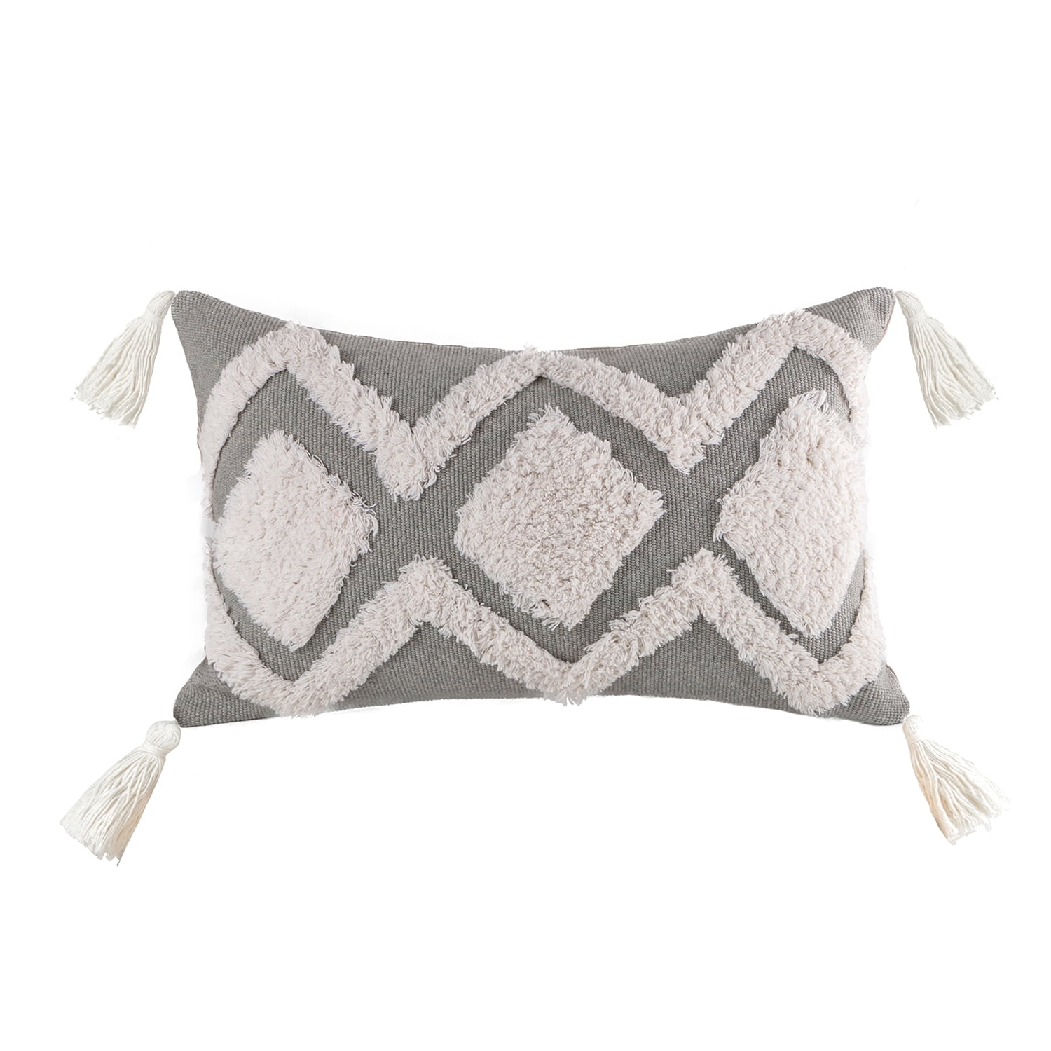 Phantoscope Boho Woven Tufted Decorative Throw Pillow with Tassel Trim, 12 x 20 in, Dark Gray, 1 Pack