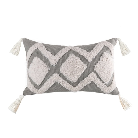 Phantoscope Boho Woven Tufted Decorative Throw Pillow with Tassel Trim, 12 x 20 in, Dark Gray, 1 Pack