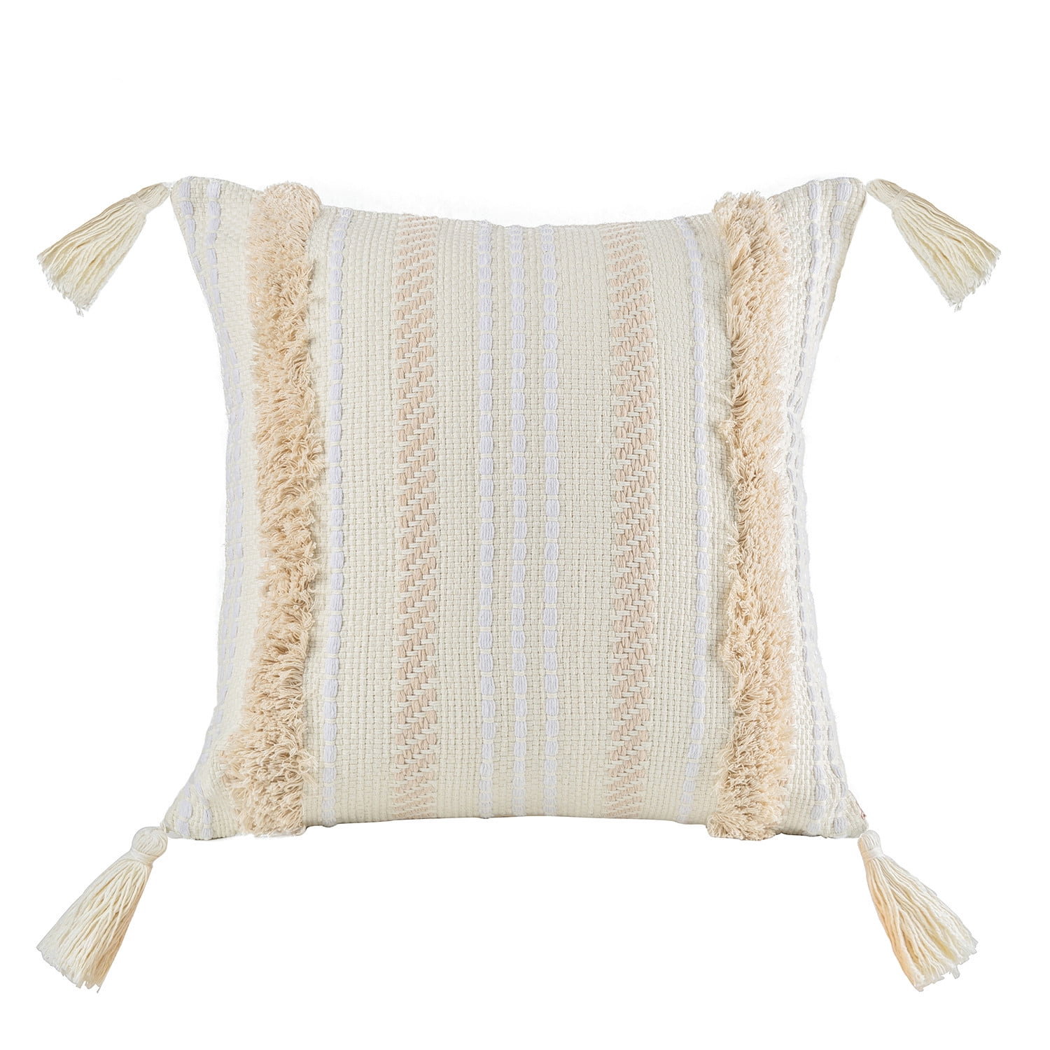 Phantoscope Boho Woven Tufted Decorative Throw Pillow with Tassel Trim, 18 x 18 in, Pure White, 1 Pack