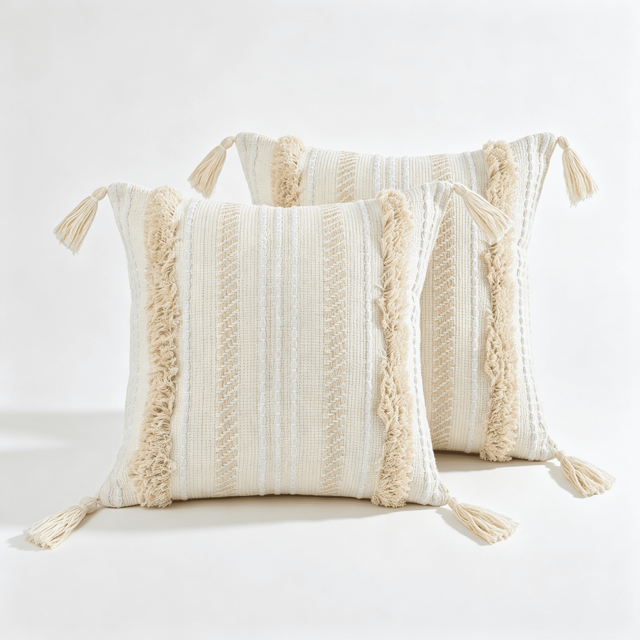 Phantoscope Boho Woven Tufted Decorative Throw Pillows with Tassel Trim, 18 x 18 in, Pure White, 2 Pack