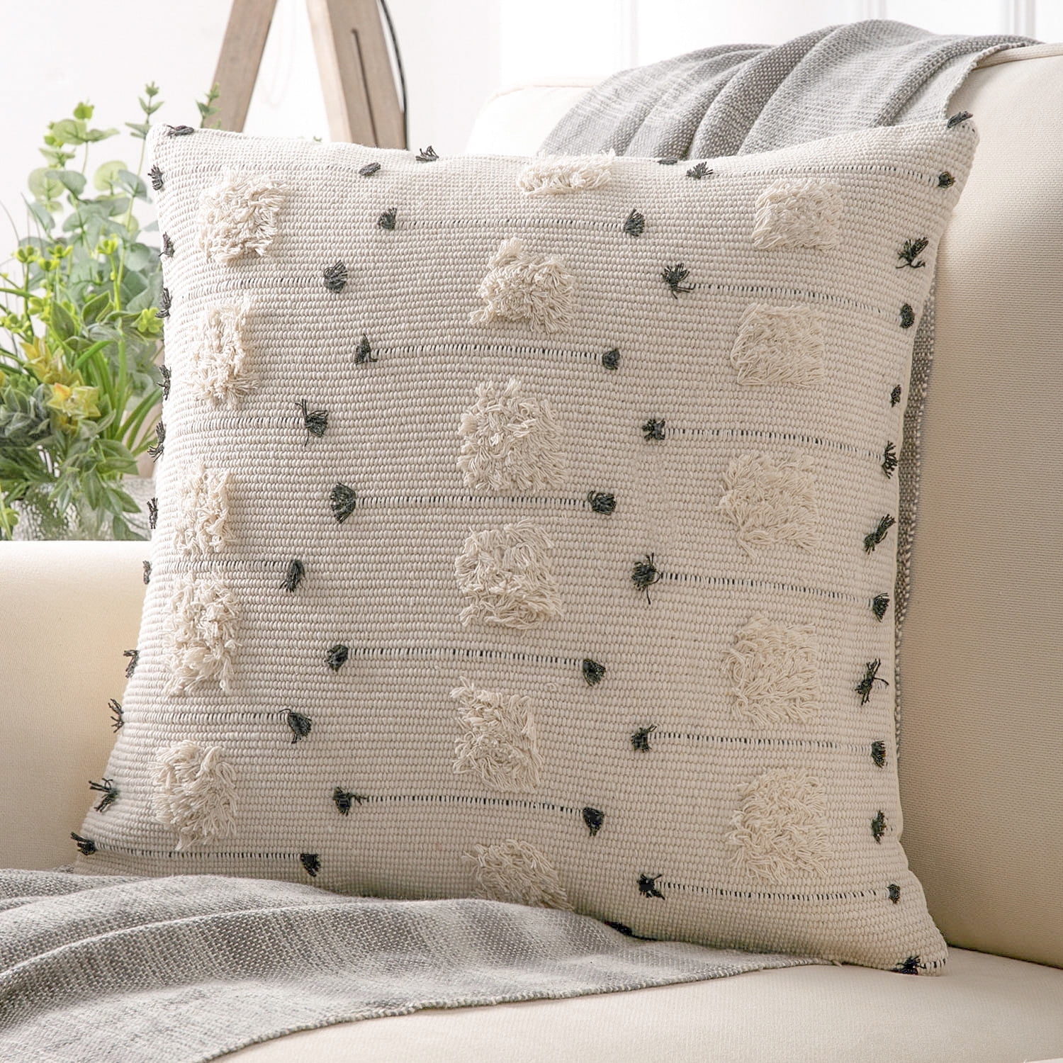 Phantoscope Boho Woven Tufted Series Decorative Throw Pillow Cover, 18" x 18", Beige with Black Dot, 1 Pack