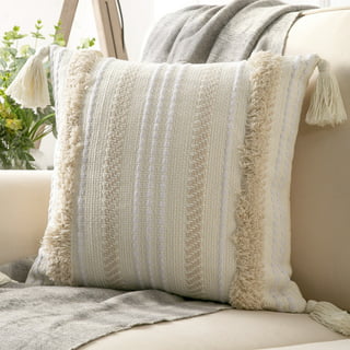 Beige moroccan tassel lumbar pillow cover