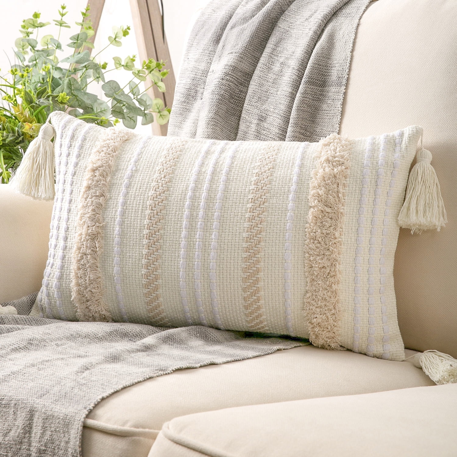 Phantoscope Boho Woven Tufted with Tassel Series Decorative Throw Pillow Cover, 12" x 20", Cream White Stripe, 1 Pack