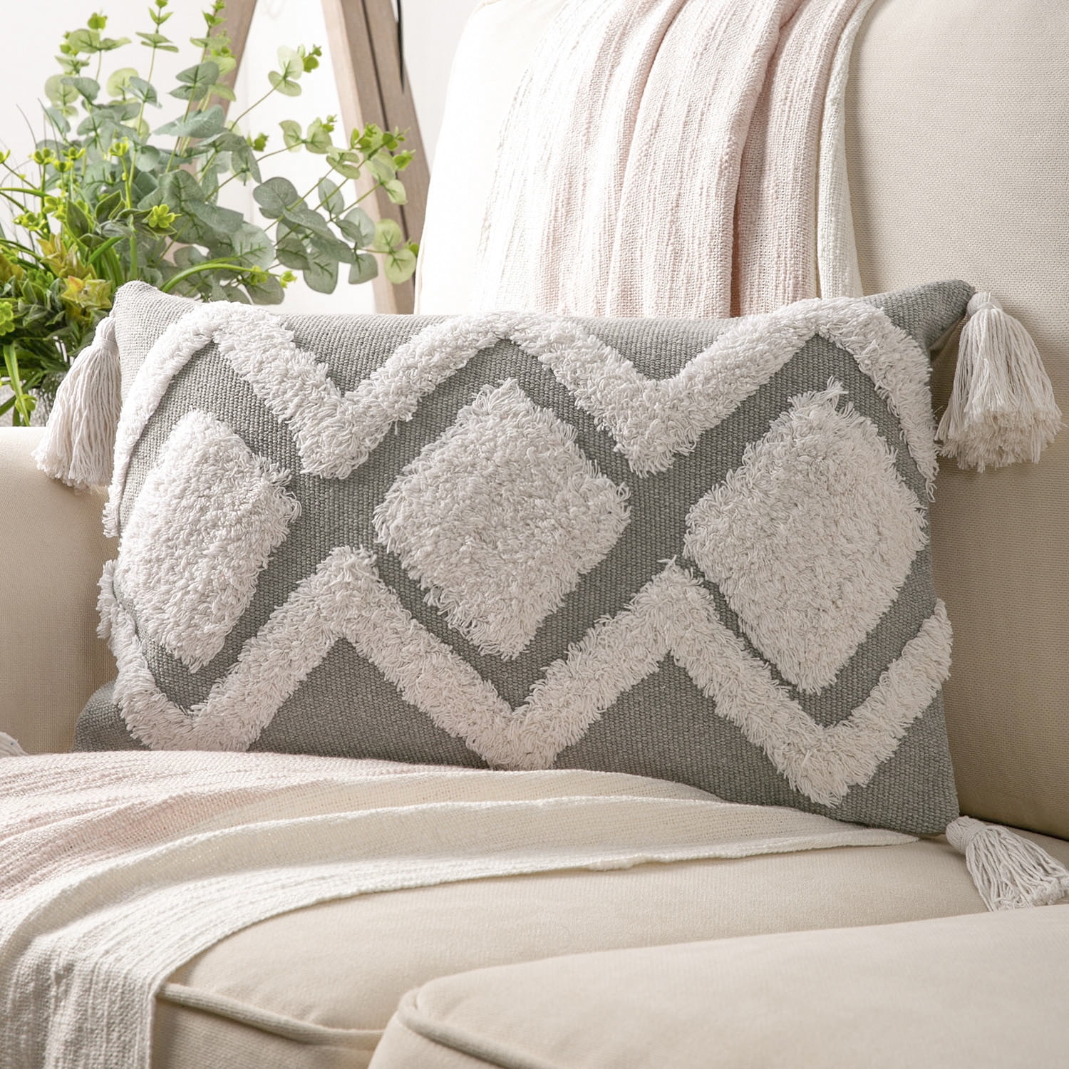 Phantoscope Boho Woven Tufted with Tassel Series Decorative Throw Pillow  Cover, 12 x 20, Gray/White, 1 Pack 