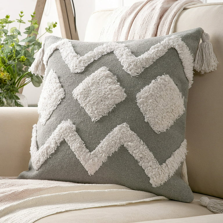 Phantoscope Boho Woven Tufted with Tassel Series Decorative Throw Pillow, 18  x 18, Cream White Stripe, 1 Pack - Walmart.com