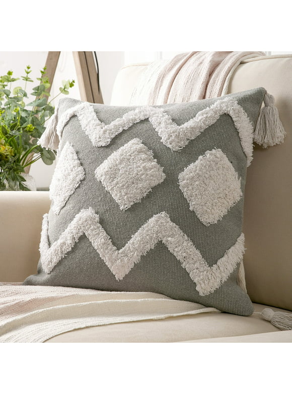 Phantoscope Boho Woven Tufted with Tassel Series Decorative Throw Pillow Cover, 18" x 18", Gray/White, 1 Pack
