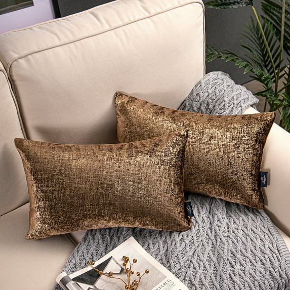 Phantoscope Bronzing Gold Foil Printed Cut Pile Velvet with Gilding Metallic Shiny Decorative Throw Pillow, 12" x 20", Coffee Gold, 2 Pack