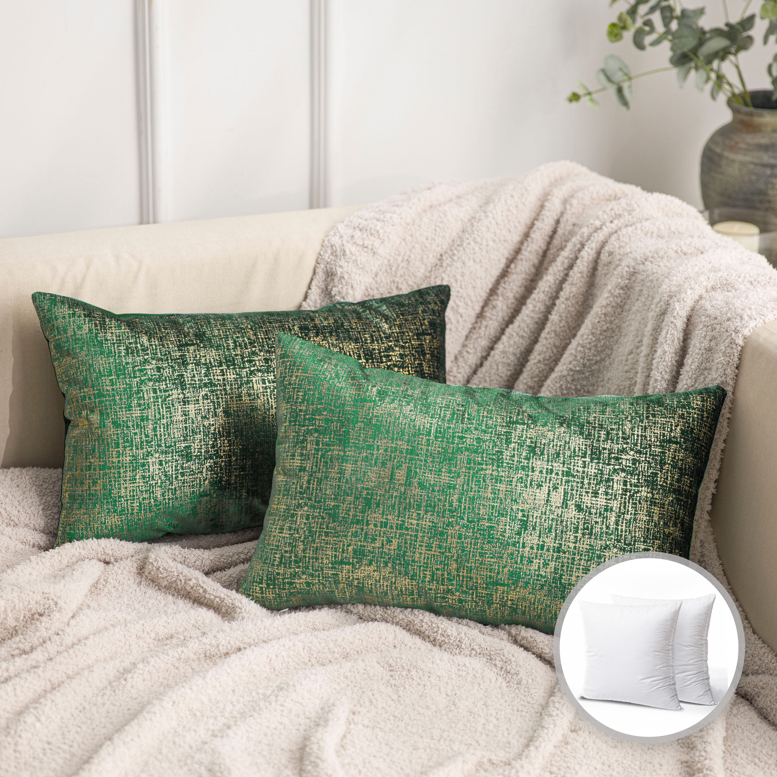 Phantoscope Bronzing Gold Foil Printed Cut Pile Velvet with Gilding Metallic Shiny Decorative Throw Pillow, 12" x 20", Green, 2 Pack