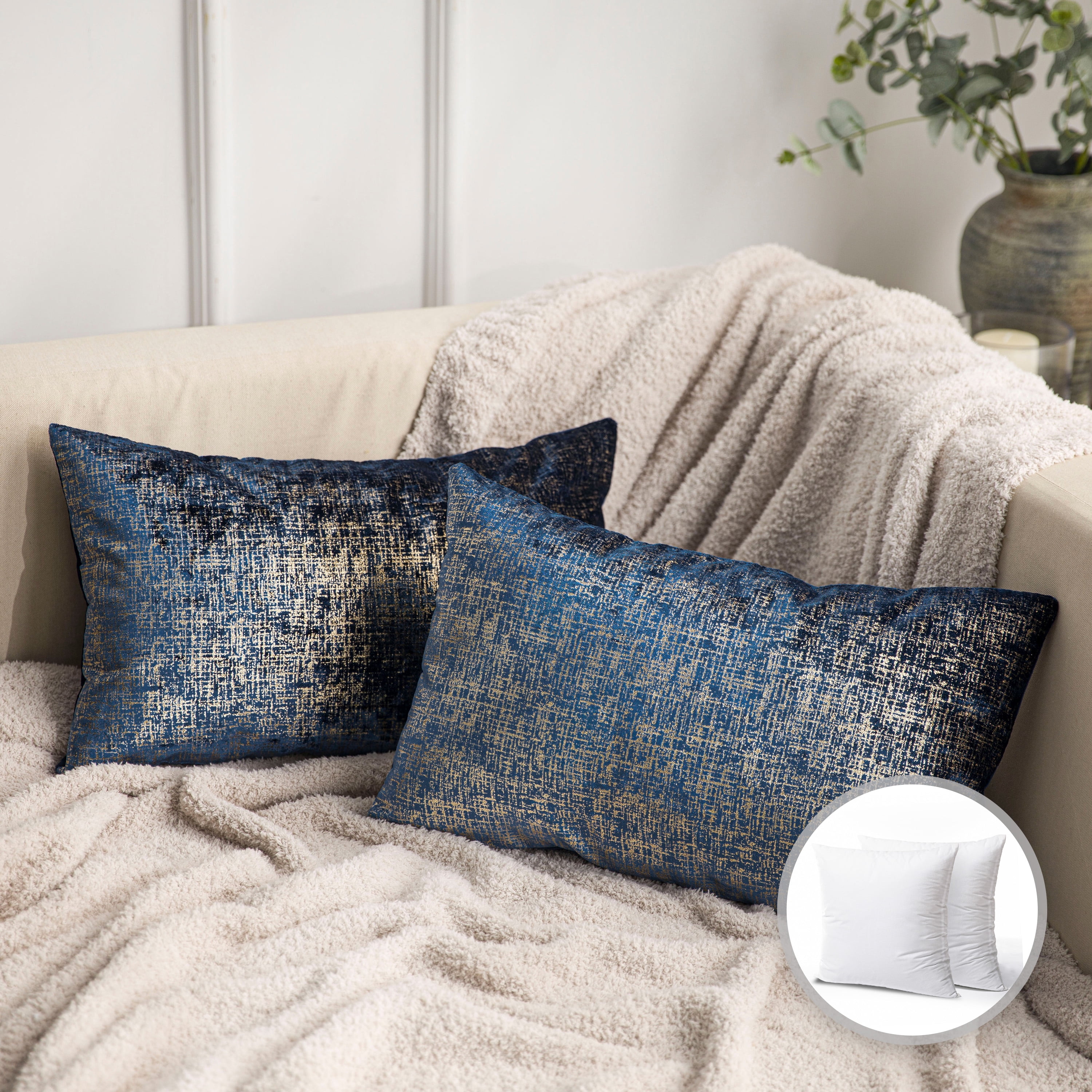 Phantoscope Bronzing Gold Foil Printed Cut Pile Velvet with Gilding Metallic Shiny Decorative Throw Pillow, 12" x 20", Navy Blue, 2 Pack