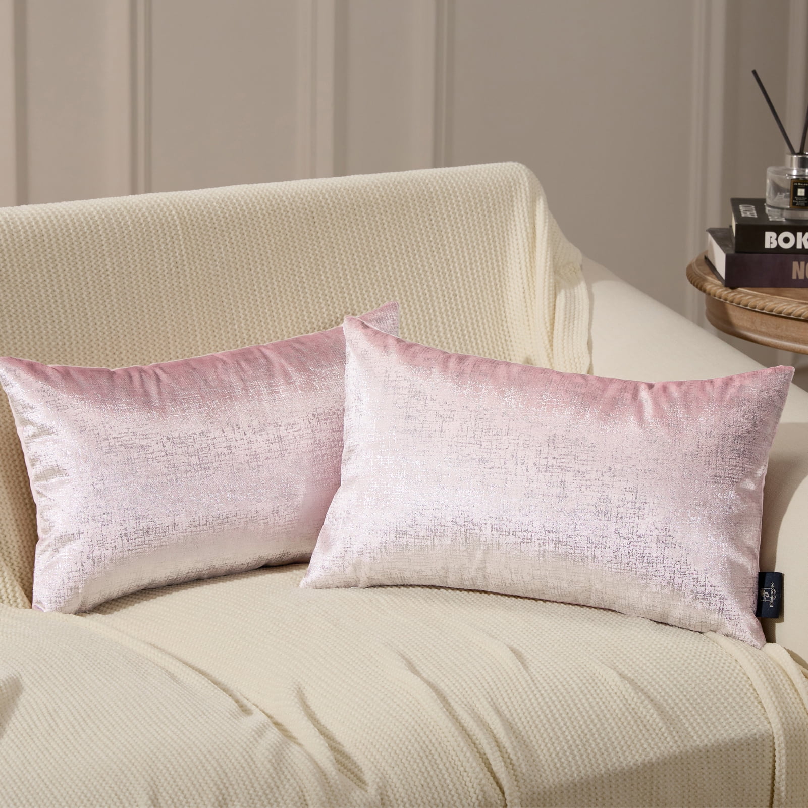 Phantoscope Bronzing Gold Foil Printed Cut Pile Velvet with Gilding Metallic Shiny Decorative Throw Pillow, 12" x 20", Pink Silver, 2 Pack