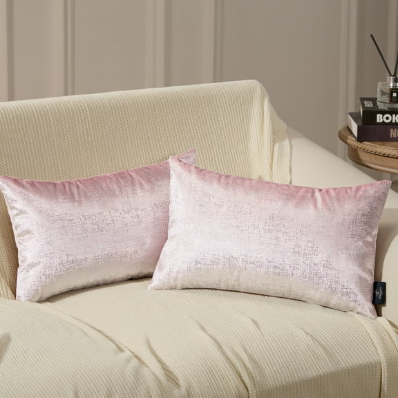 Phantoscope Bronzing Gold Foil Printed Cut Pile Velvet with Gilding Metallic Shiny Decorative Throw Pillow, 12" x 20", Pink Silver, 2 Pack