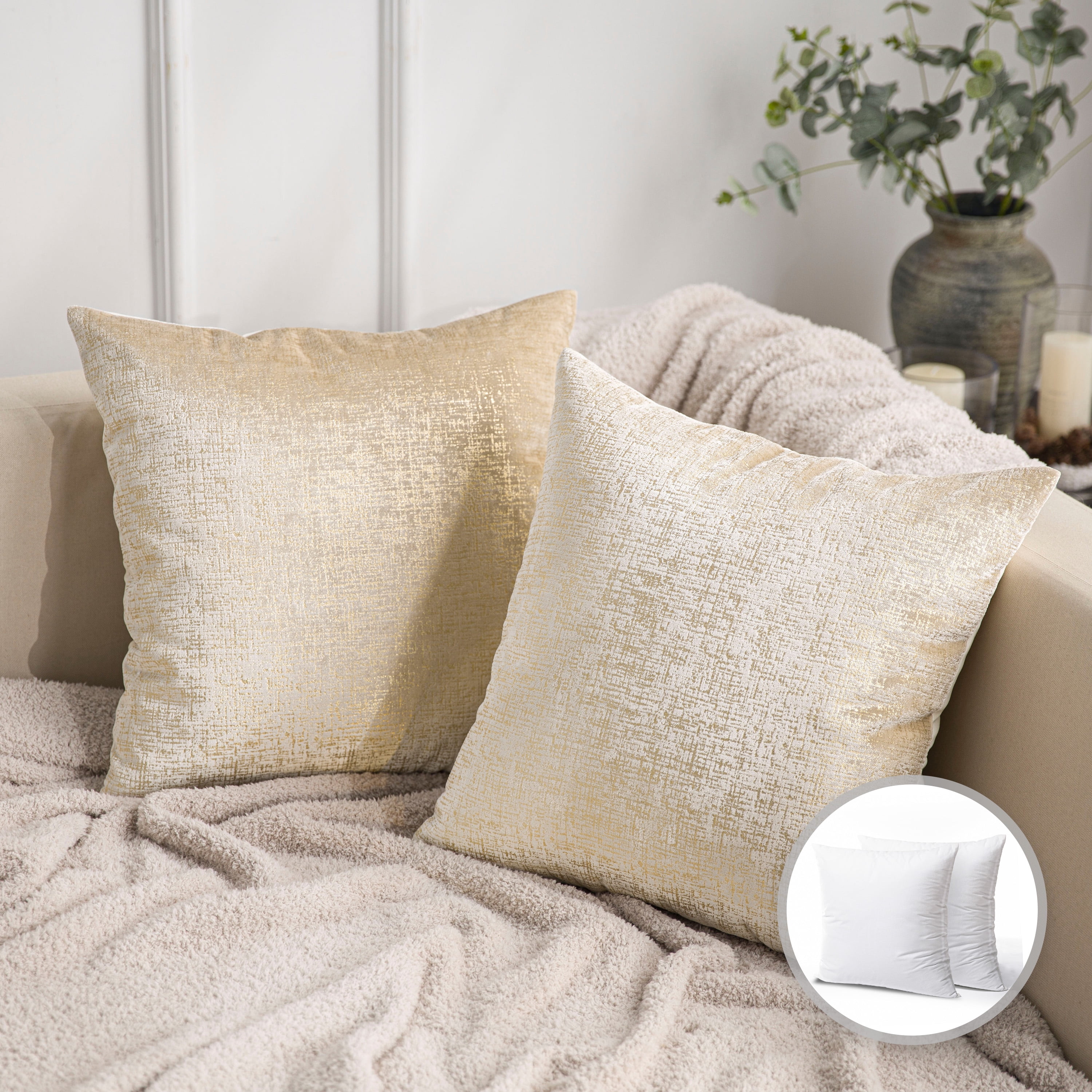 Phantoscope Single Button Series Linen Decorative Throw Pillow, 18 inchx18 inch, Beige, 2 Pack, Size: 18 inch x 18 inch