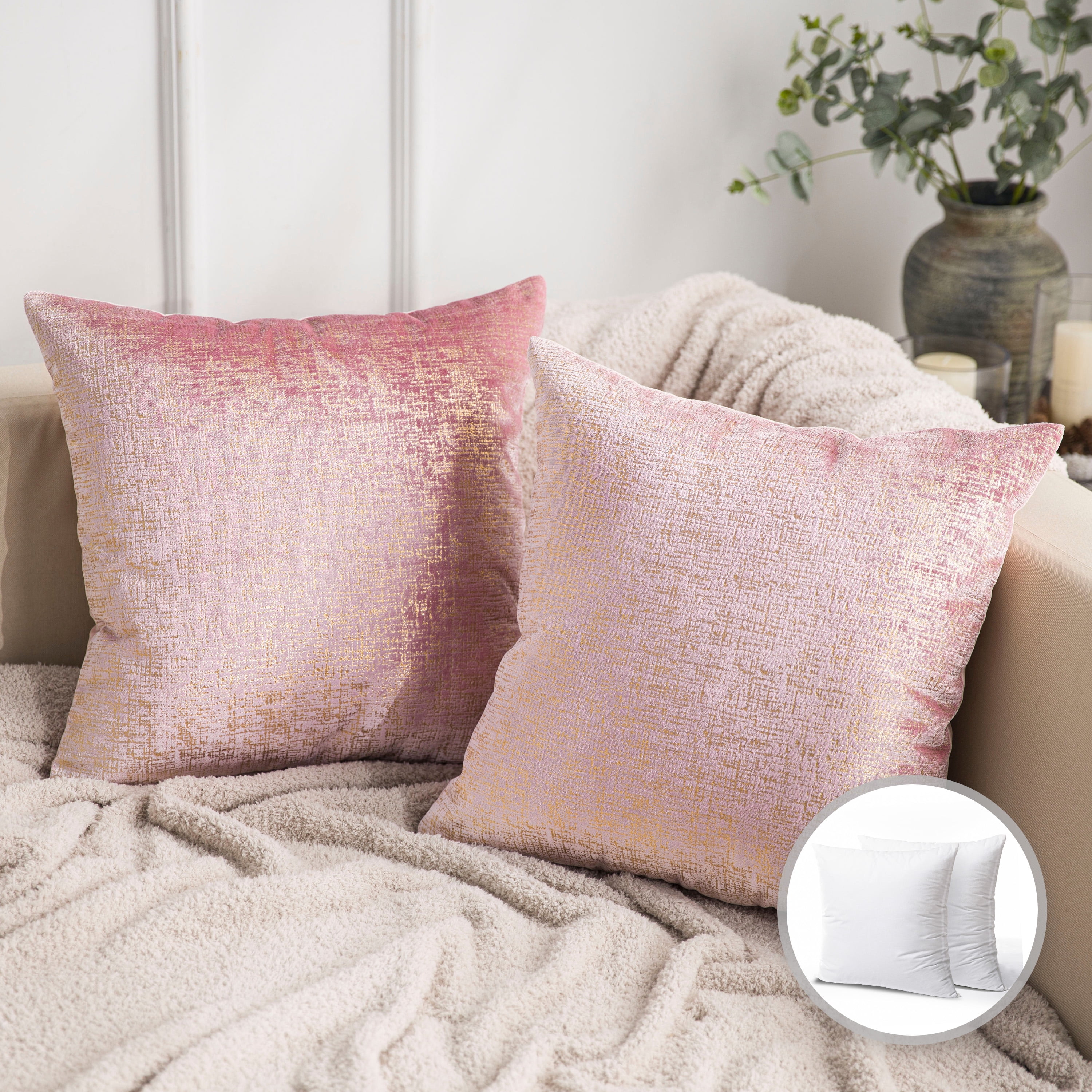 Set Of 2 Embroidered Decorative Pillows - Pink Accent Pillows With Cushion  Inserts Included (18x18)