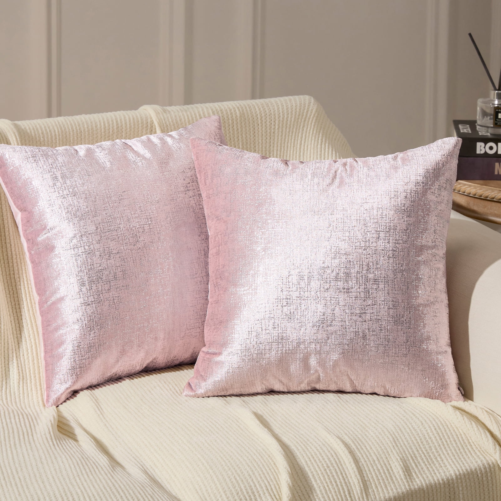 Phantoscope Bronzing Gold Foil Printed Cut Pile Velvet with Gilding Metallic Shiny Decorative Throw Pillow, 18" x 18", Pink Silver, 2 Pack