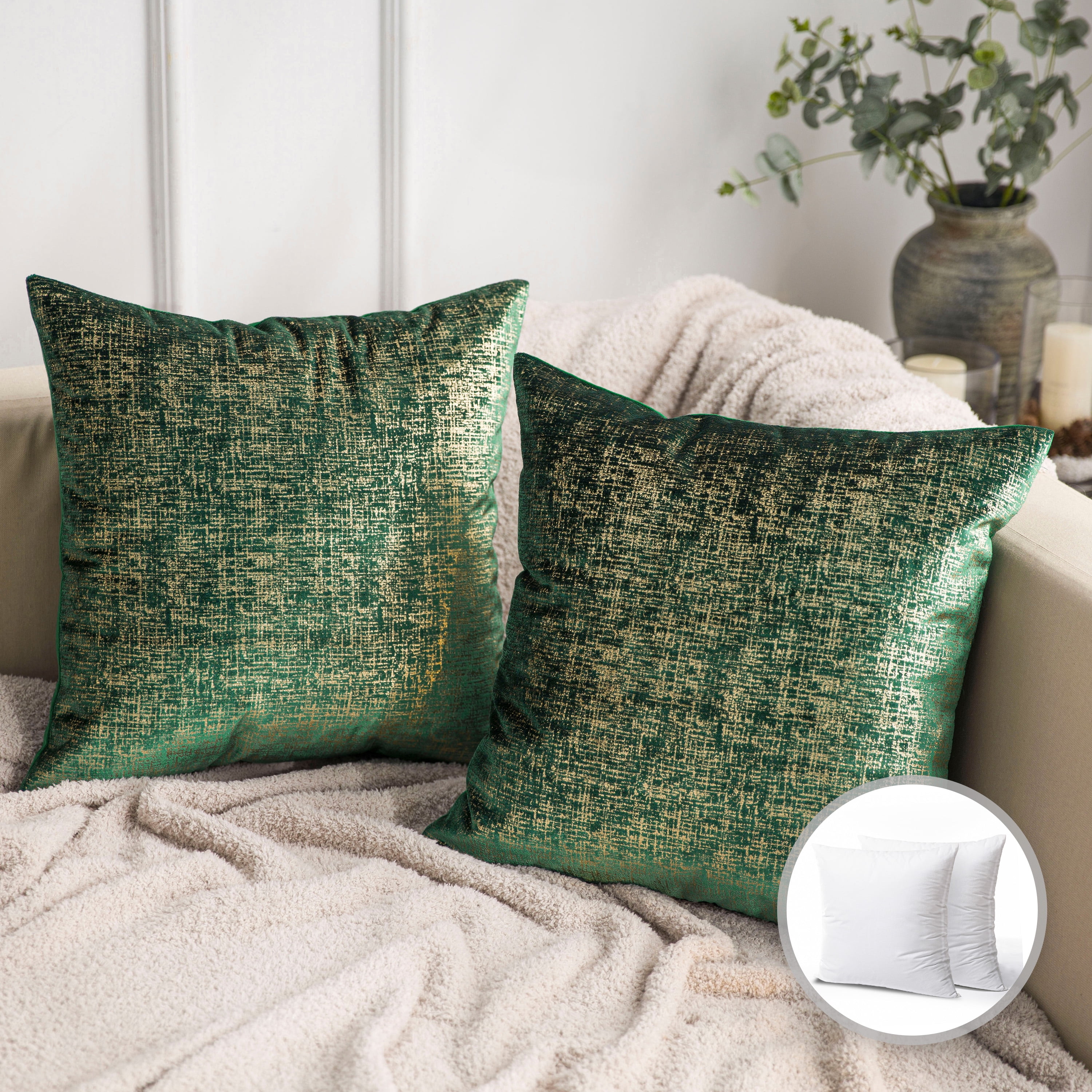 Phantoscope Bronzing Gold Foil Printed Cut Pile Velvet with Gilding Metallic Shiny Decorative Throw Pillow, 20" x 20", Green, 2 Pack