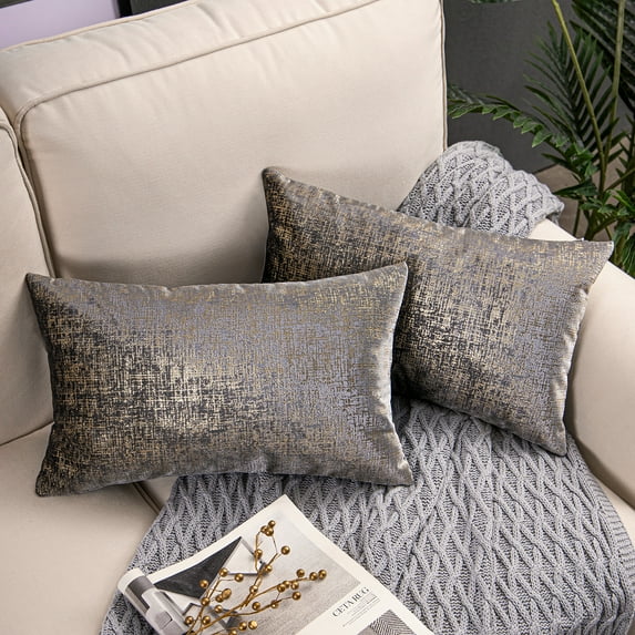 Phantoscope Bronzing Gold Foil Printed Cut Pile Velvet with Gilding Metallic Shiny Decorative Throw Pillow Covers, 12" x 20", Gray, 2 Pack